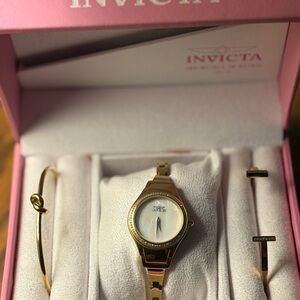 Invicta Gold Watch with Adjustable Bangle Bracelets Set